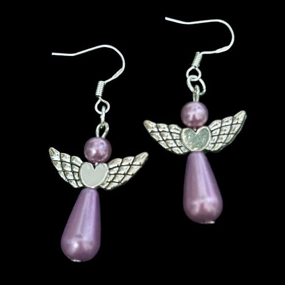 Hand Crafted Earrings 3-D Articulating Angel Lavender Pearl Silver Plate Wires - Picture 5 of 8